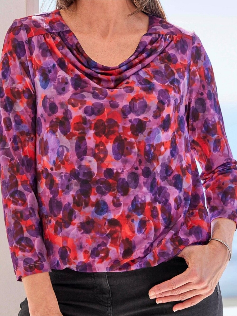 Ashley Stewart XL Cowl Neck Short Sleeve Sateen Blouse Stretch Colorful